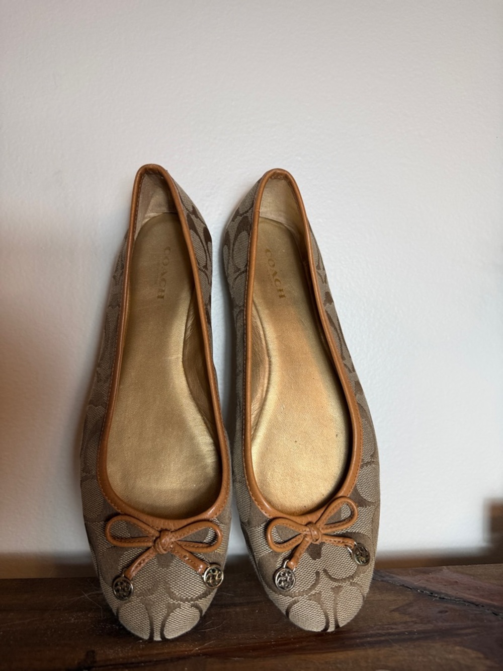 Coach Brown Signature Logo Ballet Flats with Tan Trim